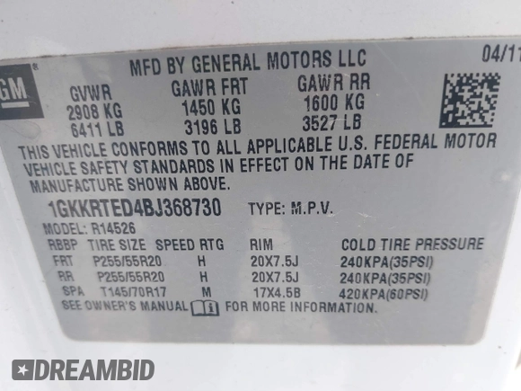 2011 GMC Acadia Denali with VIN 1GKKRTED4BJ368730, listed as a IAAI auction lot 41787329 with 193,777 mi miles and . Bid and sale history available at DreamBid. Image 9.