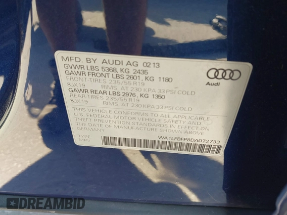 2013 Audi Q5 Premium Plus z VIN WA1LFBFP8DA072733, wystawiony jako IAAI lot #41580863 z przebiegiem 111 527 mil mil oraz . Historia ofert i sprzedaży dostępna na DreamBid. Obrazek 9.