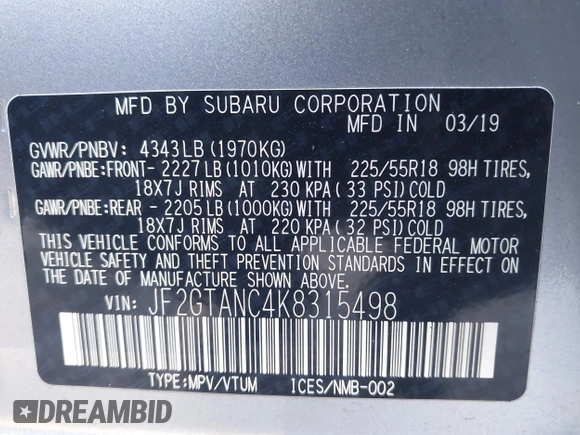 2019 Subaru Crosstrek Limited с VIN JF2GTANC4K8315498, выставлен на аукционе IAAI как лот 42187566 с пробегом 29 208 миль миль и . История ставок и продаж доступна на DreamBid. Изображение 9.