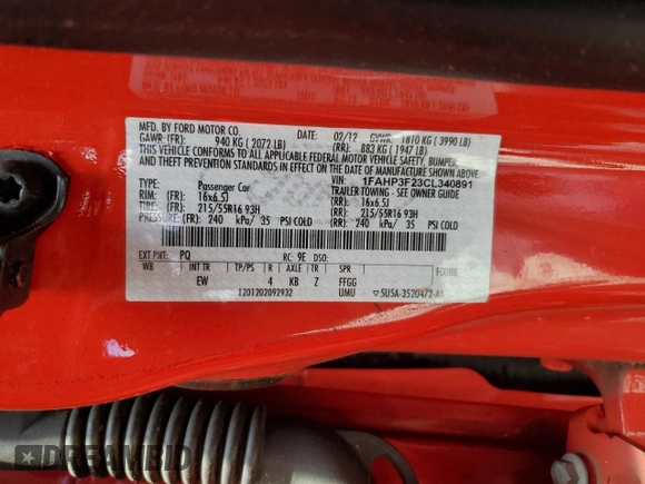2012 Ford Focus SE with VIN 1FAHP3F23CL340891, listed as a Copart auction lot 61818875 with 181,246 mi miles and Salvage title. Bid and sale history available at DreamBid. Image 12.