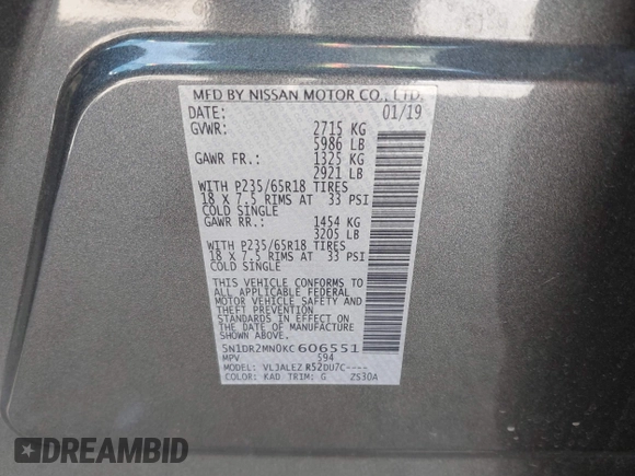 2019 Nissan Pathfinder S with VIN 5N1DR2MN0KC606551, listed as a IAAI auction lot 41883904 with 40,804 mi miles and . Bid and sale history available at DreamBid. Image 9.