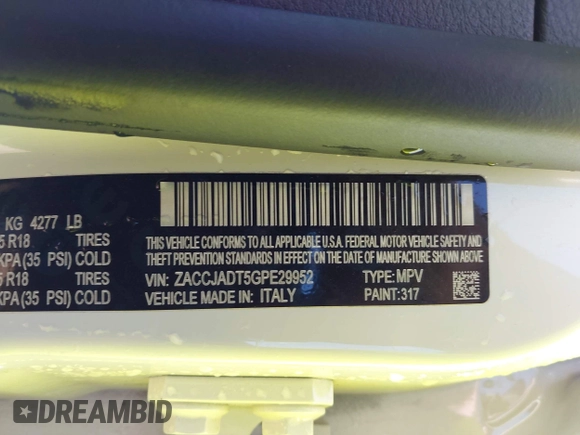 2016 Jeep Renegade Limited with VIN ZACCJADT5GPE29952, listed as a IAAI auction lot 42023127 with 57,669 mi miles and . Bid and sale history available at DreamBid. Image 9.