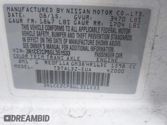 2016 Nissan Note S z VIN 3N1CE2CP8GL351533, wystawiony jako IAAI lot #42594224 z przebiegiem 49 653 mil mil oraz . Historia ofert i sprzedaży dostępna na DreamBid. Obrazek 9.