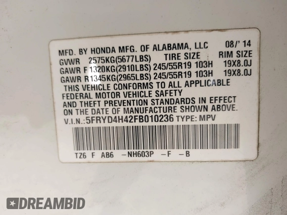 2015 Acura MDX Technology with VIN 5FRYD4H42FB010236, listed as a IAAI auction lot 42060257 with 189,301 mi miles and . Bid and sale history available at DreamBid. Image 9.