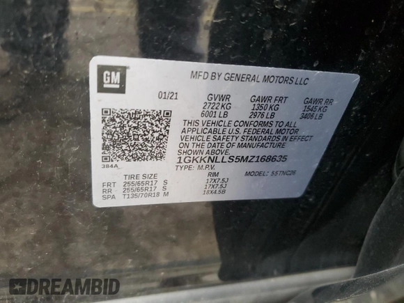 2021 GMC Acadia AT4 with VIN 1GKKNLLS5MZ168635, listed as a Copart auction lot 55988445 with 106,777 mi miles and Salvage title. Bid and sale history available at DreamBid. Image 13.