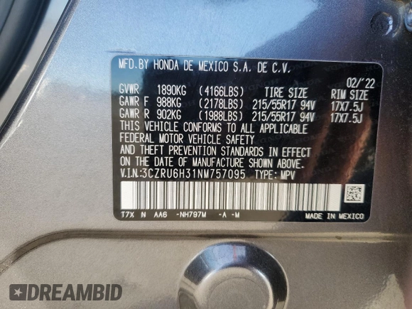 2022 Honda HR-V LX with VIN 3CZRU6H31NM757095, listed as a Copart auction lot 81810974 with 56,774 mi miles and Salvage Title. Bid and sale history available at carsss.com. Image 13.