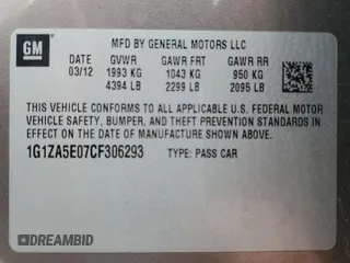 2012 Chevrolet Malibu 1FL with VIN 1G1ZA5E07CF306293, listed as a Copart auction lot 52133545 with 120,256 mi miles and Salvage Title. Bid and sale history available at DreamBid. Image 12.