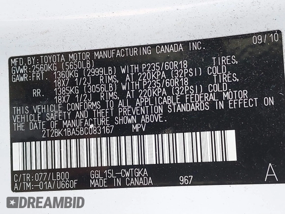2011 Lexus RX 350 with VIN 2T2BK1BA5BC083167, listed as a IAAI auction lot 41675257 with 179,037 mi miles and . Bid and sale history available at DreamBid. Image 9.