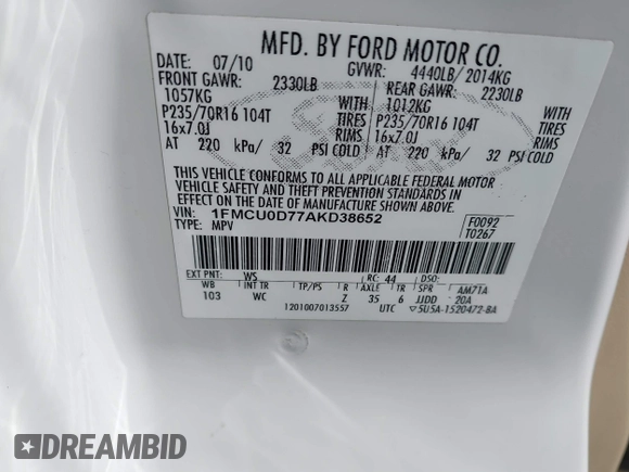 2010 Ford Escape XLT с VIN 1FMCU0D77AKD38652, выставлен на аукционе IAAI как лот 41264448 с пробегом 257 864 миль миль и . История ставок и продаж доступна на DreamBid. Изображение 9.
