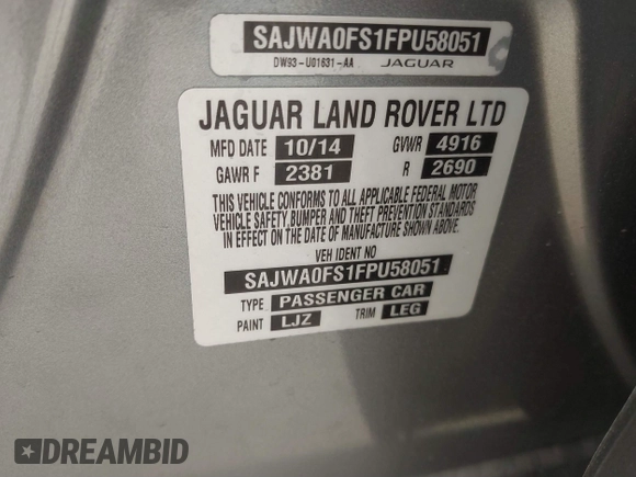 2015 Jaguar XF T Premium with VIN SAJWA0FS1FPU58051, listed as a IAAI auction lot 41690461 with 128,900 mi miles and . Bid and sale history available at DreamBid. Image 9.