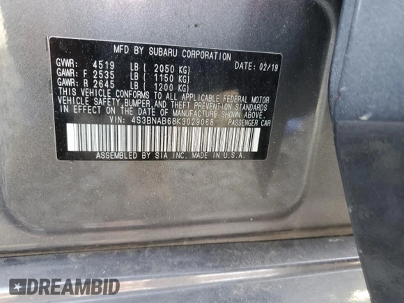2019 Subaru Legacy with VIN 4S3BNAB68K3029068, listed as a Copart auction lot 41943403 with 39,119 mi miles. Bid and sale history available at carsss.com. Image 13.