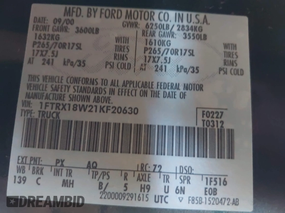 2001 Ford F-150 XL with VIN 1FTRX18W21KF20630, listed as a IAAI auction lot 42218117 with 331,592 mi miles and . Bid and sale history available at DreamBid. Image 9.