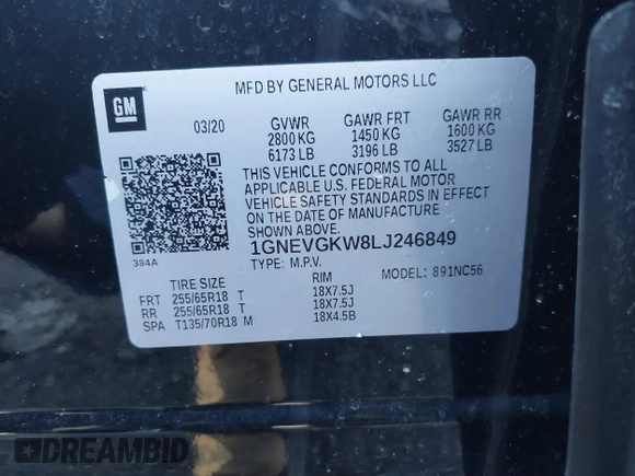 2020 Chevrolet Traverse LT Cloth z VIN 1GNEVGKW8LJ246849, wystawiony jako IAAI lot #41652165 z przebiegiem 155 718 mil mil oraz . Historia ofert i sprzedaży dostępna na DreamBid. Obrazek 9.