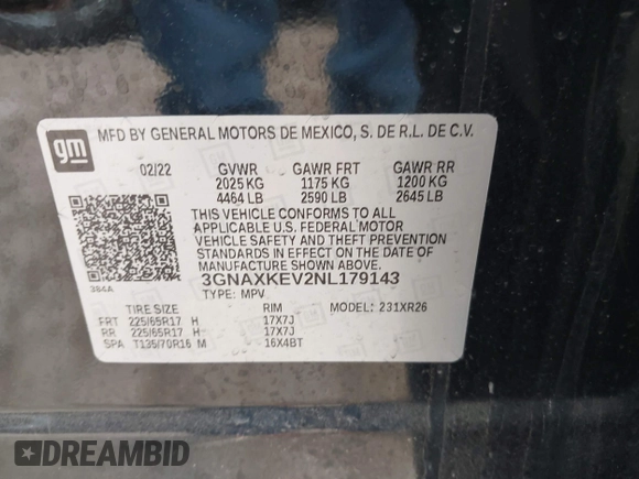 2022 Chevrolet Equinox LT with VIN 3GNAXKEV2NL179143, listed as a IAAI auction lot 42156868 with 78,739 mi miles and . Bid and sale history available at DreamBid. Image 9.