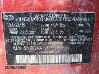 2019 Hyundai Sonata SE with VIN 5NPE24AF2KH751522, listed as a Copart auction lot 47091535 with 107,622 mi miles and Clean Title. Bid and sale history available at carsss.com. Image 13.