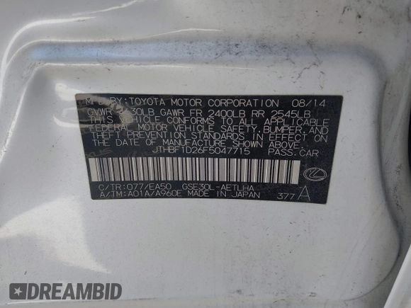 2015 Lexus IS 250 with VIN JTHBF1D26F5047715, listed as a IAAI auction lot 42123104 with 176,827 mi miles. Bid and sale history available at carsss.com. Image 9.
