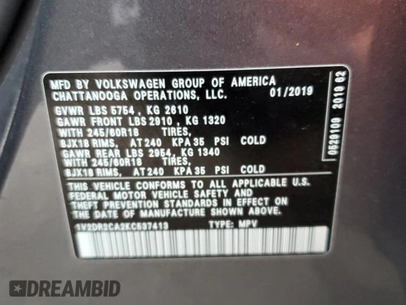 2019 Volkswagen Atlas SE with VIN 1V2DR2CA2KC537413, listed as a Copart auction lot 55360555 with 81,797 mi miles and Salvage title. Bid and sale history available at DreamBid. Image 14.