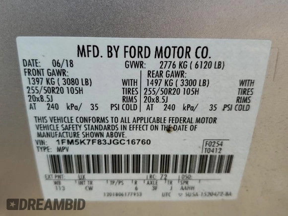 2018 Ford Explorer Limited с VIN 1FM5K7F83JGC16760, выставлен на аукционе Copart как лот 60411335 с пробегом 104 543 миль миль и Списание • Salvage title. История ставок и продаж доступна на DreamBid. Изображение 13.