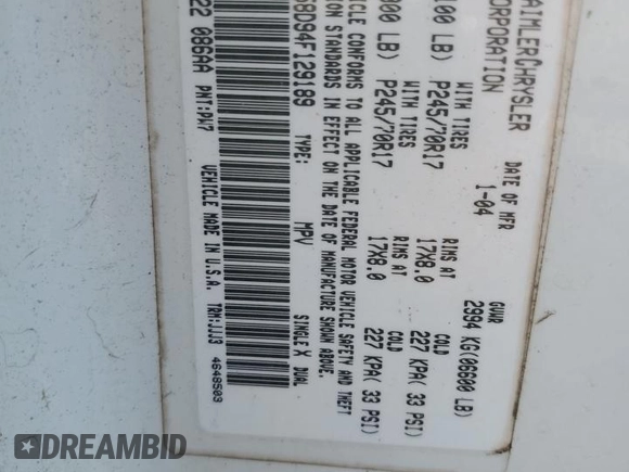 2004 Dodge Durango Limited z VIN 1D8HD58D94F129189, wystawiony jako Copart lot #55663075 z przebiegiem 146 623 mil mil oraz Szkoda całkowita • Salvage title. Historia ofert i sprzedaży dostępna na DreamBid. Obrazek 13.