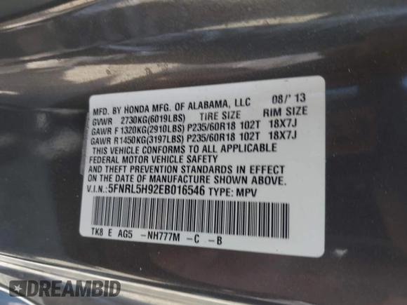 2014 Honda Odyssey Touring with VIN 5FNRL5H92EB016546, listed as a IAAI auction lot 41689148 with 143,601 mi miles and . Bid and sale history available at DreamBid. Image 9.