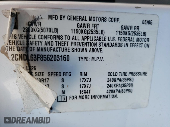 2005 Chevrolet Equinox LT with VIN 2CNDL63F856203160, listed as a Copart auction lot 62711814 with 0 mi miles and Non Repairable. Bid and sale history available at carsss.com. Image 16.