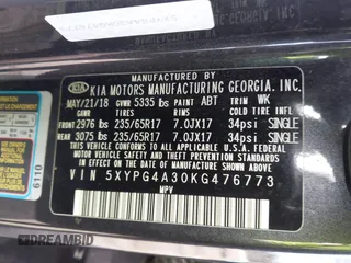 2019 Kia Sorento L with VIN 5XYPG4A30KG476773, listed as a IAAI auction lot 41345456 with 160,706 mi miles. Bid and sale history available at carsss.com. Image 9.