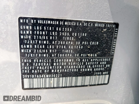 2019 Volkswagen Tiguan S with VIN 3VV1B7AX4KM030221, listed as a Copart auction lot 53444435 with 55,512 mi miles and Salvage title. Bid and sale history available at DreamBid. Image 14.