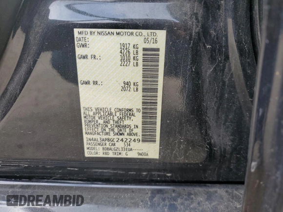 2016 Nissan Altima S with VIN 1N4AL3AP8GC242249, listed as a Copart auction lot 57575085 with 137,033 mi miles and Salvage title. Bid and sale history available at DreamBid. Image 12.