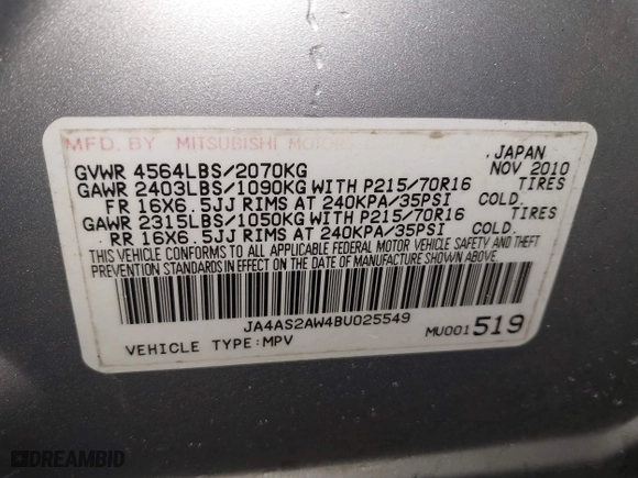 2011 Mitsubishi Outlander ES with VIN JA4AS2AW4BU025549, listed as a IAAI auction lot 41837460 with 98,647 mi miles. Bid and sale history available at carsss.com. Image 9.