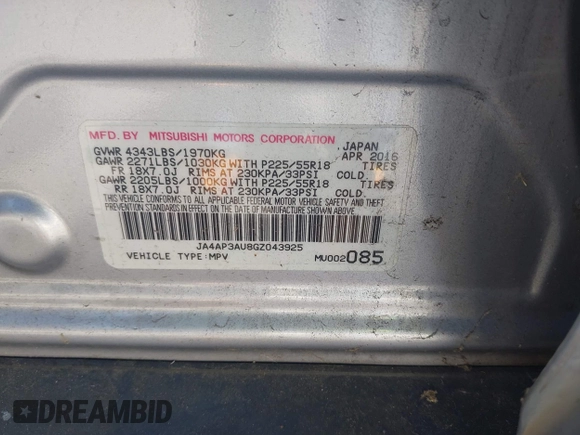 2016 Mitsubishi Outlander ES with VIN JA4AP3AU8GZ043925, listed as a IAAI auction lot 42790331 with 213,066 mi miles and . Bid and sale history available at DreamBid. Image 9.