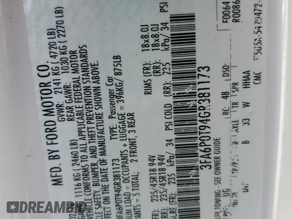 2016 Ford Fusion SE с VIN 3FA6P0T94GR381173, выставлен на аукционе Copart как лот 62491595 с пробегом 138 943 миль миль и Списание • Salvage title. История ставок и продаж доступна на DreamBid. Изображение 12.
