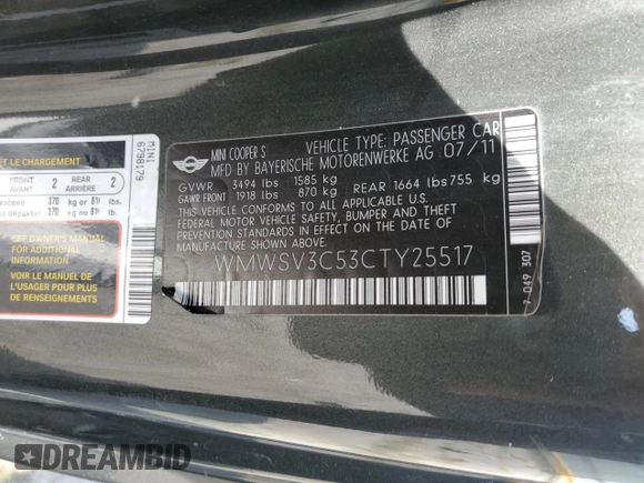 2012 MINI Hardtop S with VIN WMWSV3C53CTY25517, listed as a Copart auction lot 62315535 with 50,680 mi miles and Salvage title. Bid and sale history available at DreamBid. Image 12.