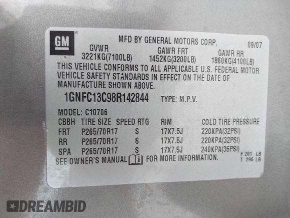 2008 Chevrolet Tahoe LS with VIN 1GNFC13C98R142844, listed as a IAAI auction lot 42461796 with 276,979 mi miles and . Bid and sale history available at DreamBid. Image 9.