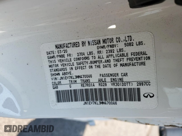 2021 Infiniti Q60 Luxe with VIN JN1EV7KL3MM470046, listed as a Copart auction lot 57998345 with 36,378 mi miles and Salvage title. Bid and sale history available at DreamBid. Image 12.