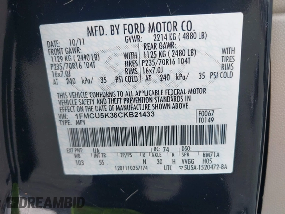 2012 Ford Escape Hybrid с VIN 1FMCU5K36CKB21433, выставлен на аукционе IAAI как лот 42410783 с пробегом 93 484 миль миль и . История ставок и продаж доступна на DreamBid. Изображение 9.