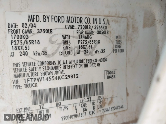 2004 Ford F-150 XLT with VIN 1FTPW14554KC29812, listed as a IAAI auction lot 41981798 with 225,155 mi miles. Bid and sale history available at carsss.com. Image 9.