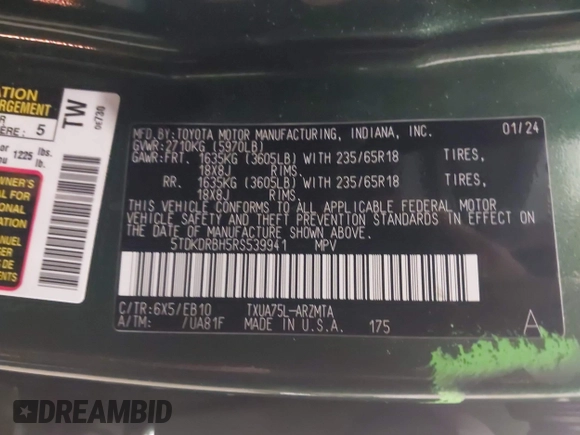 2024 Toyota Highlander LE with VIN 5TDKDRBH5RS539941, listed as a IAAI auction lot 42382715 with 19,188 mi miles and . Bid and sale history available at DreamBid. Image 9.