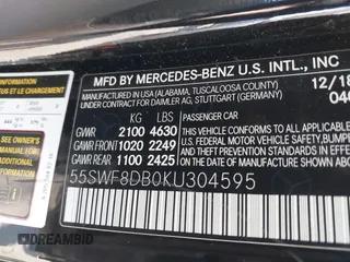2019 Mercedes-Benz C 300 with VIN 55SWF8DB0KU304595, listed as a IAAI auction lot 42004166 with 55,580 mi miles and . Bid and sale history available at DreamBid. Image 9.