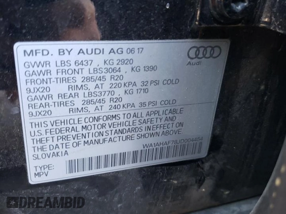 2018 Audi Q7 Premium with VIN WA1AHAF78JD004454, listed as a Copart auction lot 82393654 with 131,091 mi miles and Salvage title. Bid and sale history available at DreamBid. Image 14.