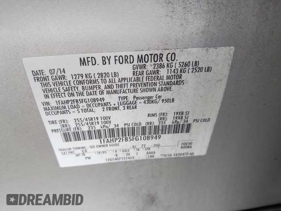 2015 Ford Taurus Limited с VIN 1FAHP2F85FG108949, выставлен на аукционе IAAI как лот 42463848 с пробегом 191 093 миль миль и . История ставок и продаж доступна на DreamBid. Изображение 9.