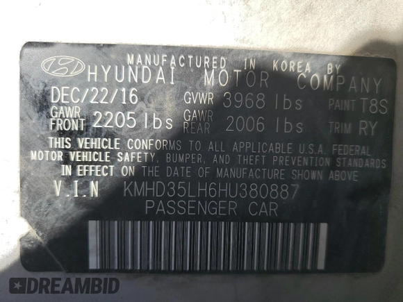 2017 Hyundai Elantra with VIN KMHD35LH6HU380887, listed as a Copart auction lot 85765594 with 138,279 mi miles and Salvage title. Bid and sale history available at DreamBid. Image 12.