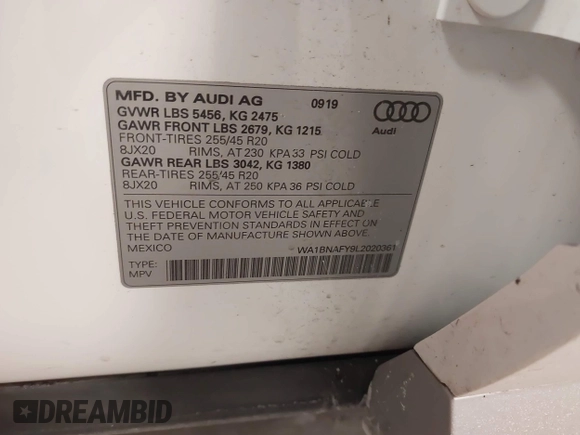2020 Audi Q5 Premium Plus with VIN WA1BNAFY9L2020361, listed as a IAAI auction lot 41294532 with 41,661 mi miles. Bid and sale history available at carsss.com. Image 9.