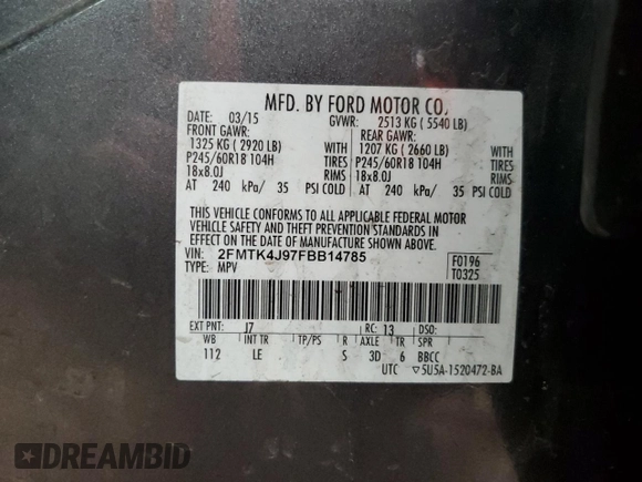 2015 Ford Edge SEL with VIN 2FMTK4J97FBB14785, listed as a Copart auction lot 51090775 with 161,710 mi miles and Salvage Title. Bid and sale history available at carsss.com. Image 13.