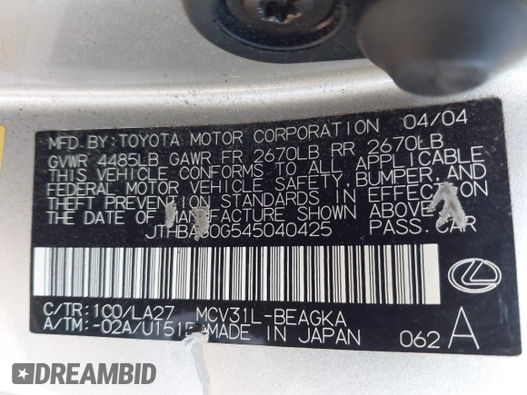 2004 Lexus ES 350 with VIN JTHBA30G545040425, listed as a IAAI auction lot 42142301 with Not Provided miles and . Bid and sale history available at DreamBid. Image 9.