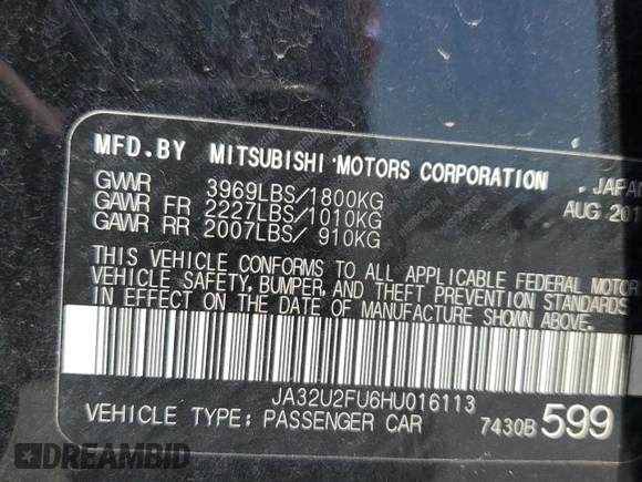 2017 Mitsubishi Lancer ES with VIN JA32U2FU6HU016113, listed as a Copart auction lot 52560435 with 0 mi miles and Salvage Title. Bid and sale history available at carsss.com. Image 12.