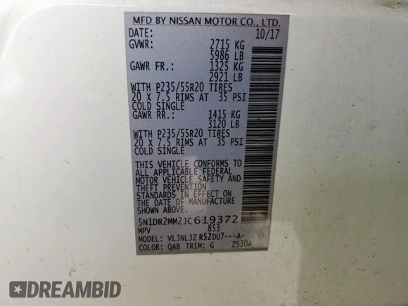 2018 Nissan Pathfinder Platinum with VIN 5N1DR2MM2JC619372, listed as a Copart auction lot 61773785 with 175,757 mi miles and Clean title. Bid and sale history available at DreamBid. Image 14.
