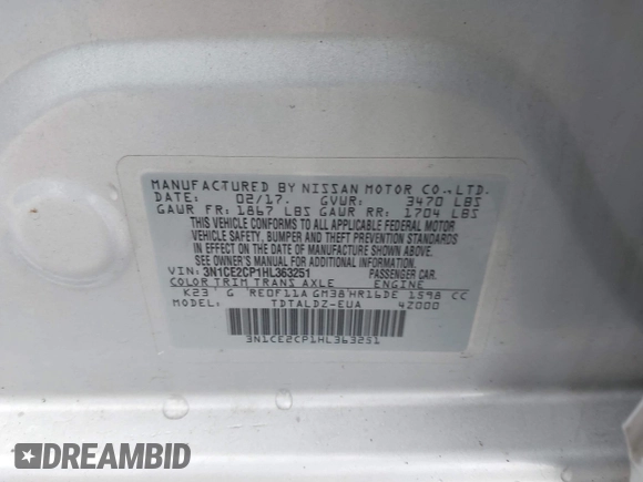 2017 Nissan Note SV with VIN 3N1CE2CP1HL363251, listed as a IAAI auction lot 42009208 with 111,339 mi miles and . Bid and sale history available at DreamBid. Image 9.