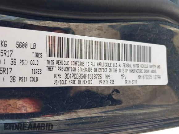 2015 Dodge Journey SXT с VIN 3C4PDDBG4FT518726, выставлен на аукционе IAAI как лот 42521435 с пробегом 152 794 миль миль и . История ставок и продаж доступна на DreamBid. Изображение 9.