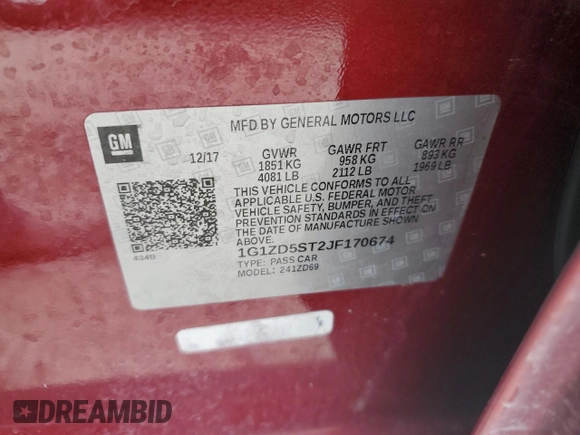 2018 Chevrolet Malibu LT z VIN 1G1ZD5ST2JF170674, wystawiony jako Copart lot #53493925 z przebiegiem 57 176 mil mil oraz Szkoda całkowita • Salvage title. Historia ofert i sprzedaży dostępna na DreamBid. Obrazek 13.