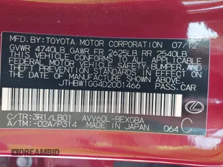 2013 Lexus ES 300h with VIN JTHBW1GG4D2001466, listed as a IAAI auction lot 41812800 with 110,662 mi miles and . Bid and sale history available at DreamBid. Image 18.